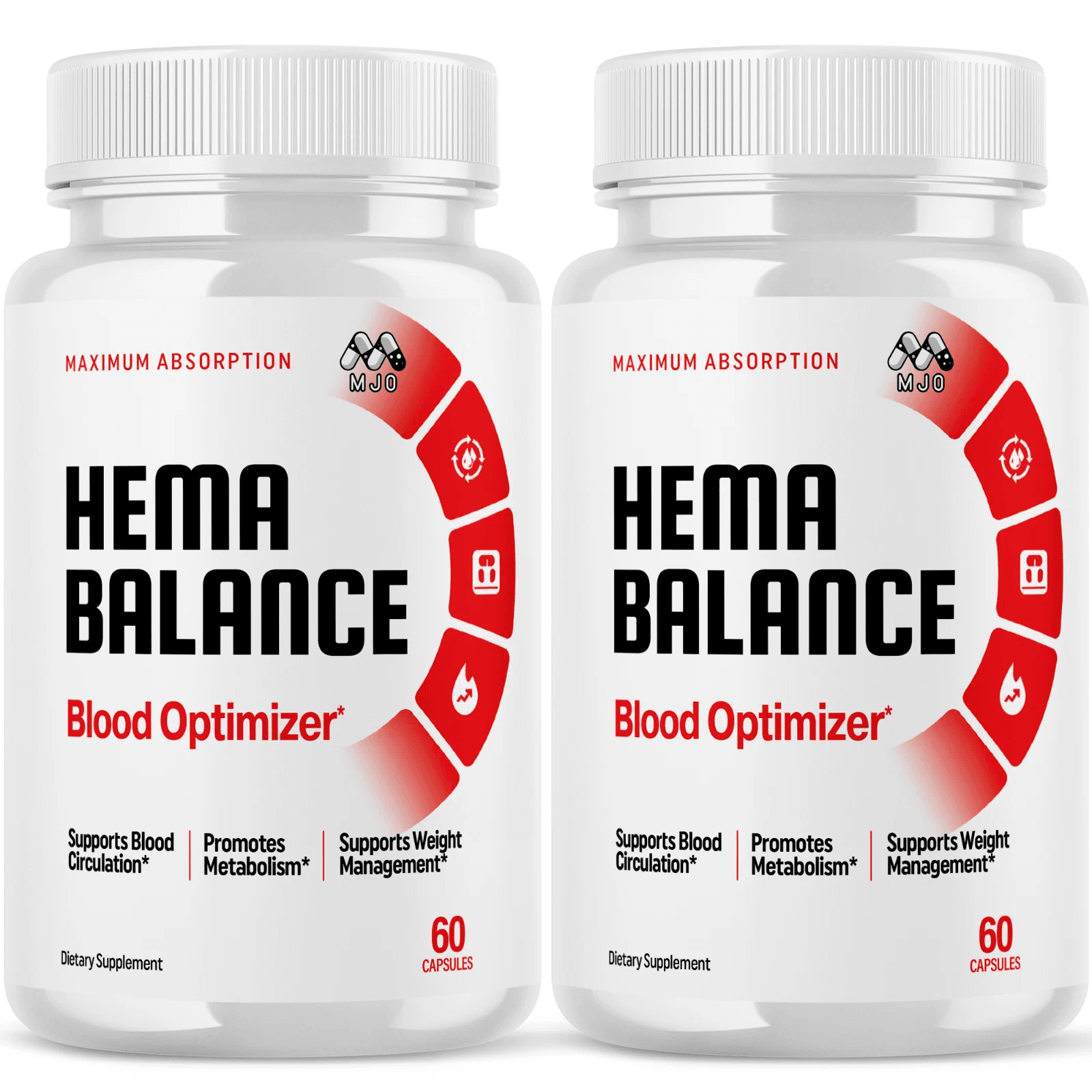 Original Hema Balance Blood Optimizer bottles with red-and-white labels, 60 capsules per bottle